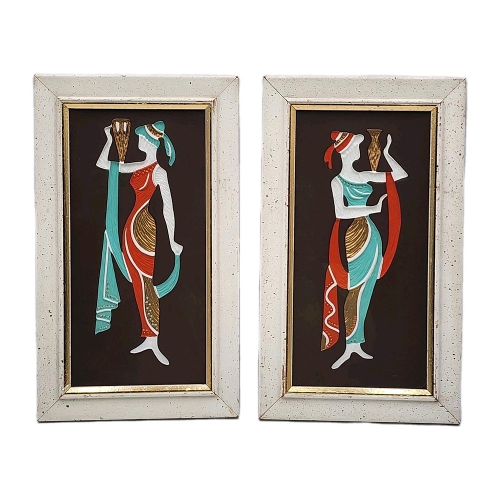 Vintage Mid-Century Modern Turner Wall Plaques Greek Goddess Figures Orange Aqua